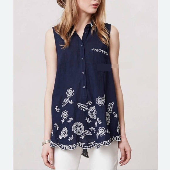 Anthropologie Moulinette Soeurs Navy Floral Embroidered Blouse Sleeveless Size 6 - Picture 1 of 11
